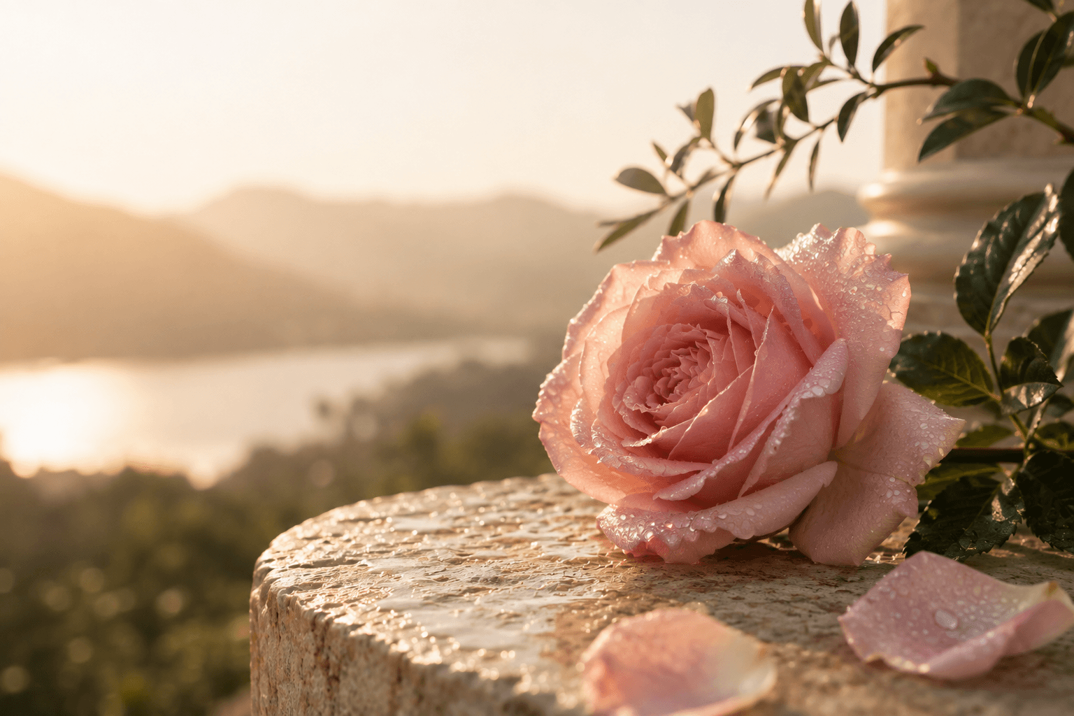 A dew-covered pink rose resting in warm morning light beside a garden terrace