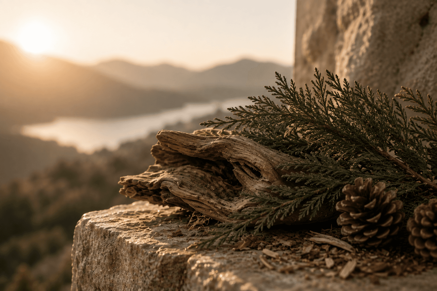 Cedar branches and weathered wood arranged in warm sunset light