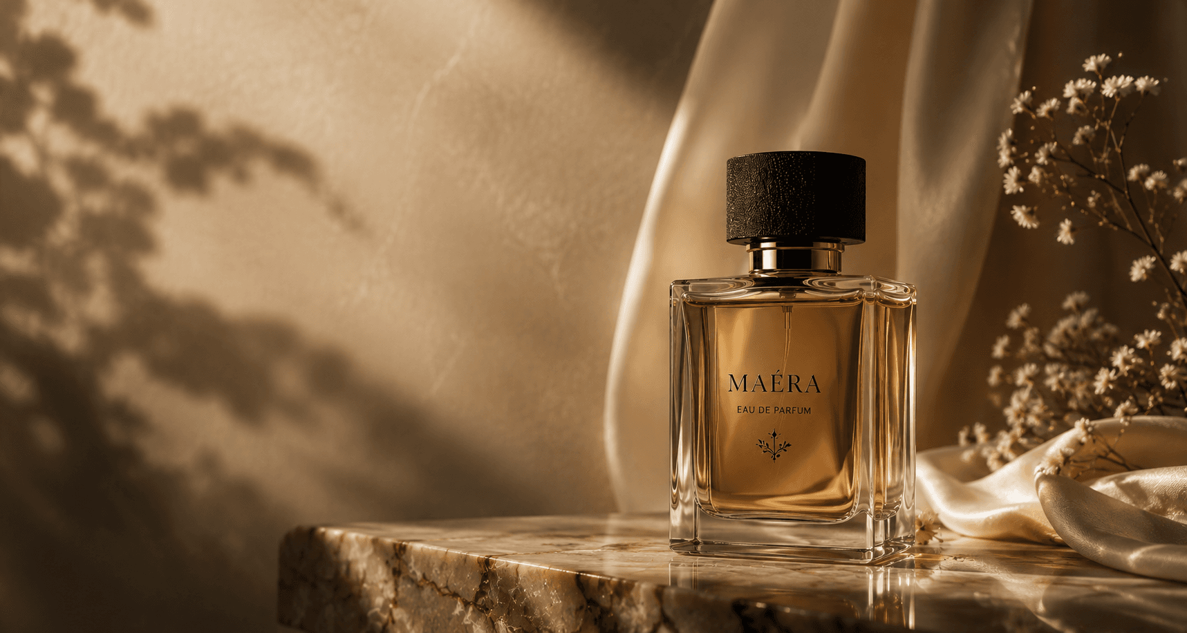MAÉRA perfume bottle in warm evening light beside delicate flowers