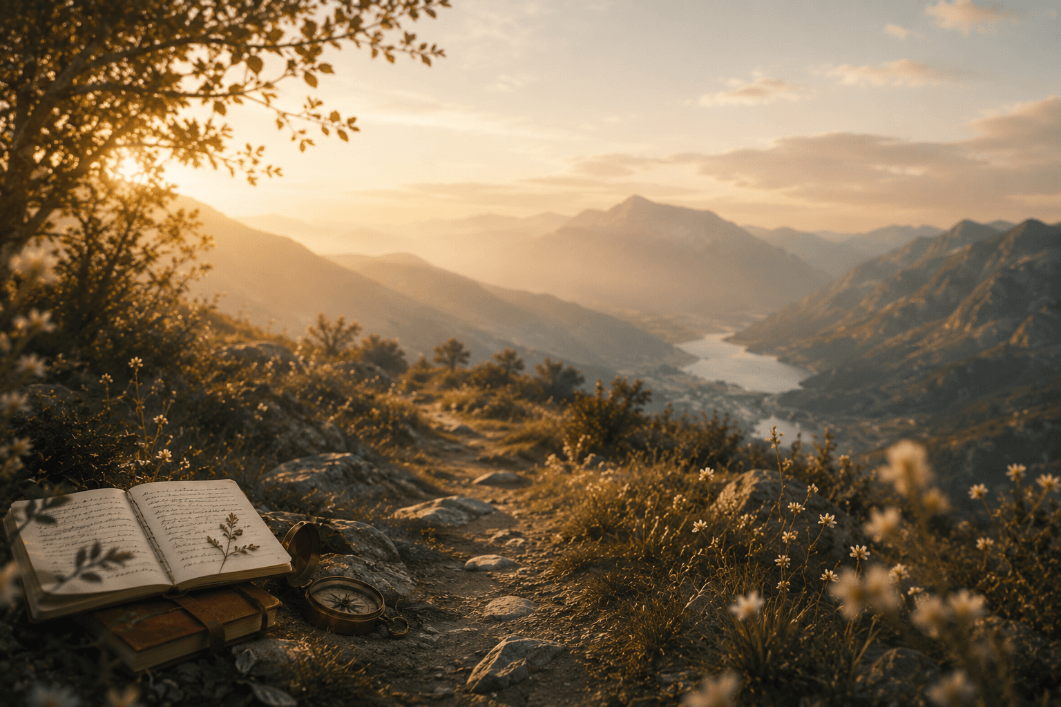 An open journal and compass overlooking a mountain valley in warm morning light