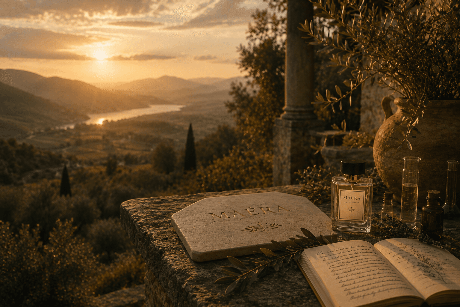 A MAÉRA perfume bottle beside botanical notes and fragrance materials at sunset