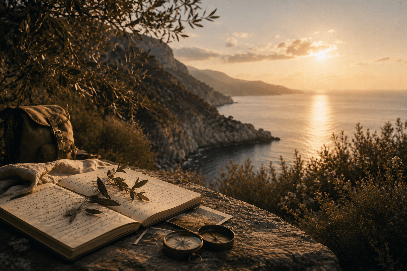 A travel journal, olive branch, and compass above a sunlit Mediterranean coast