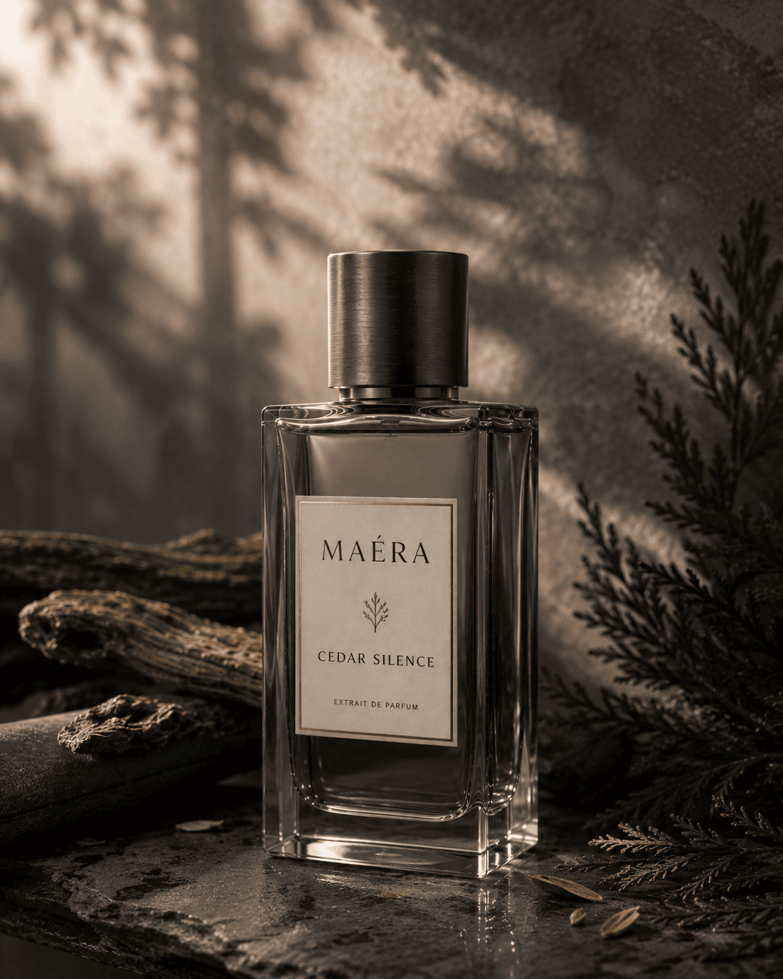 A dark glass MAÉRA fragrance bottle surrounded by wood and evergreen foliage