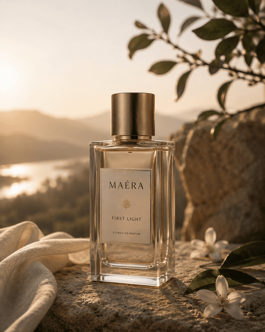 First Light fragrance bottle surrounded by white blossoms in warm morning light