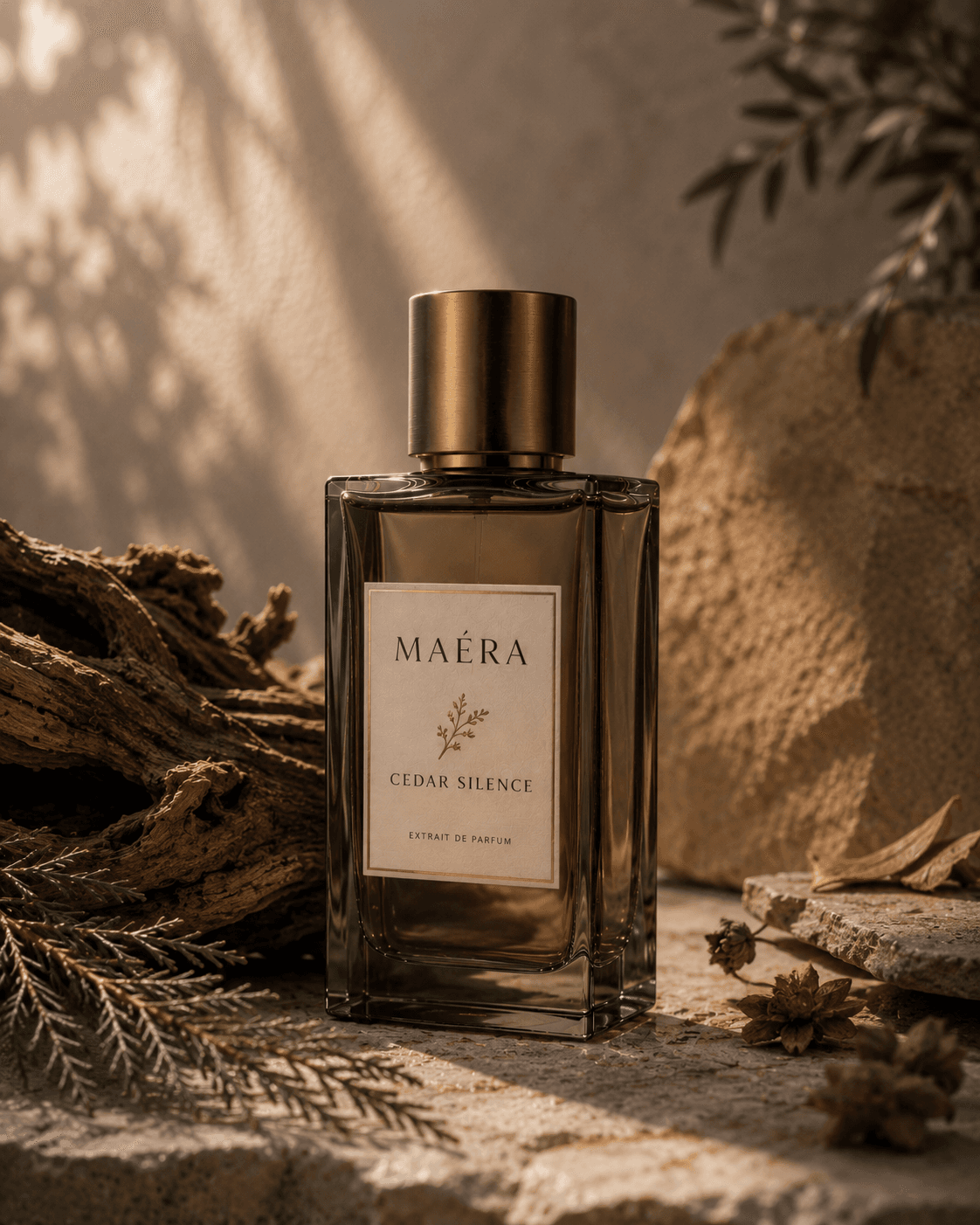 Cedar Silence fragrance bottle arranged with weathered wood and evergreen branches