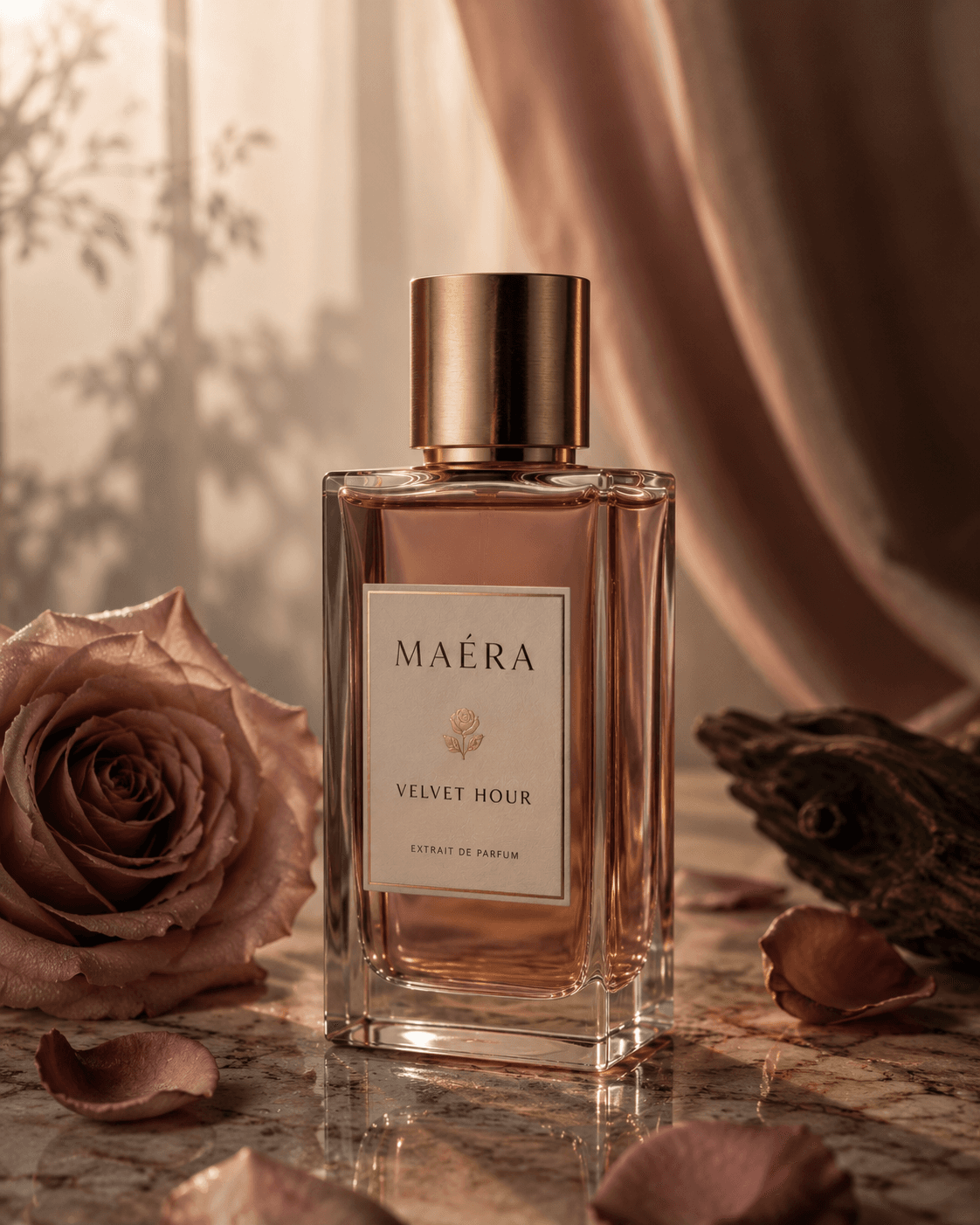 Velvet Hour fragrance bottle beside a rose and softly draped fabric